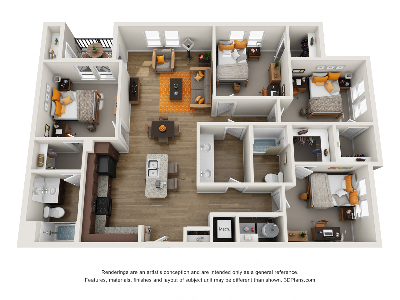 Floor plan for 4 beds, 2 baths, 1433 sqft